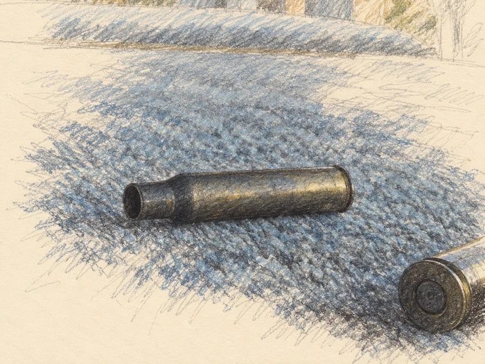 Pencil sketch of spent brass casings on the ground at the firing line