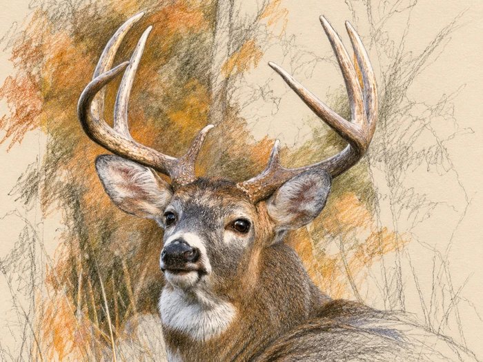 Pencil and colour sketch of a white-tailed deer resting in autumn grass