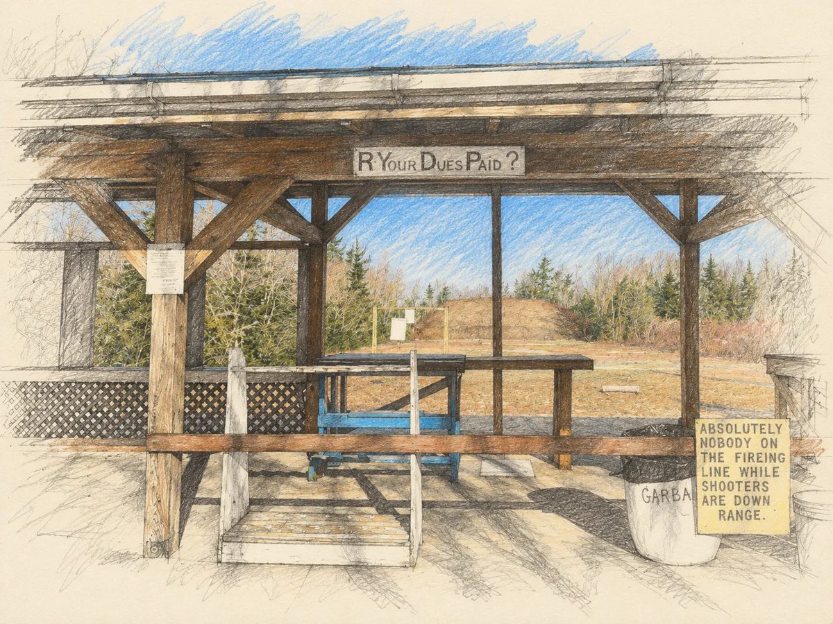 Pencil sketch of the covered firing line, looking down range between the roof posts