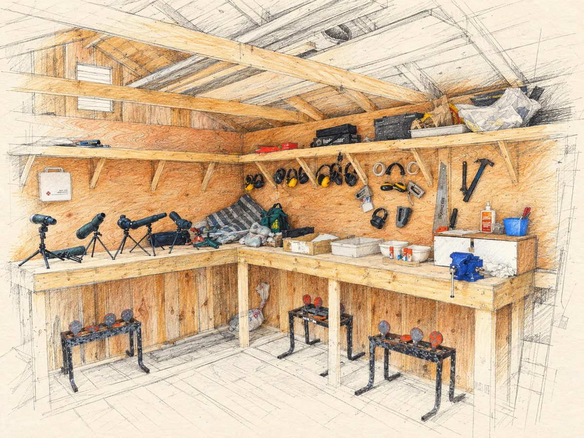 Pencil sketch of the inside of the equipment shed, with spotting scopes, ear protection and steel targets