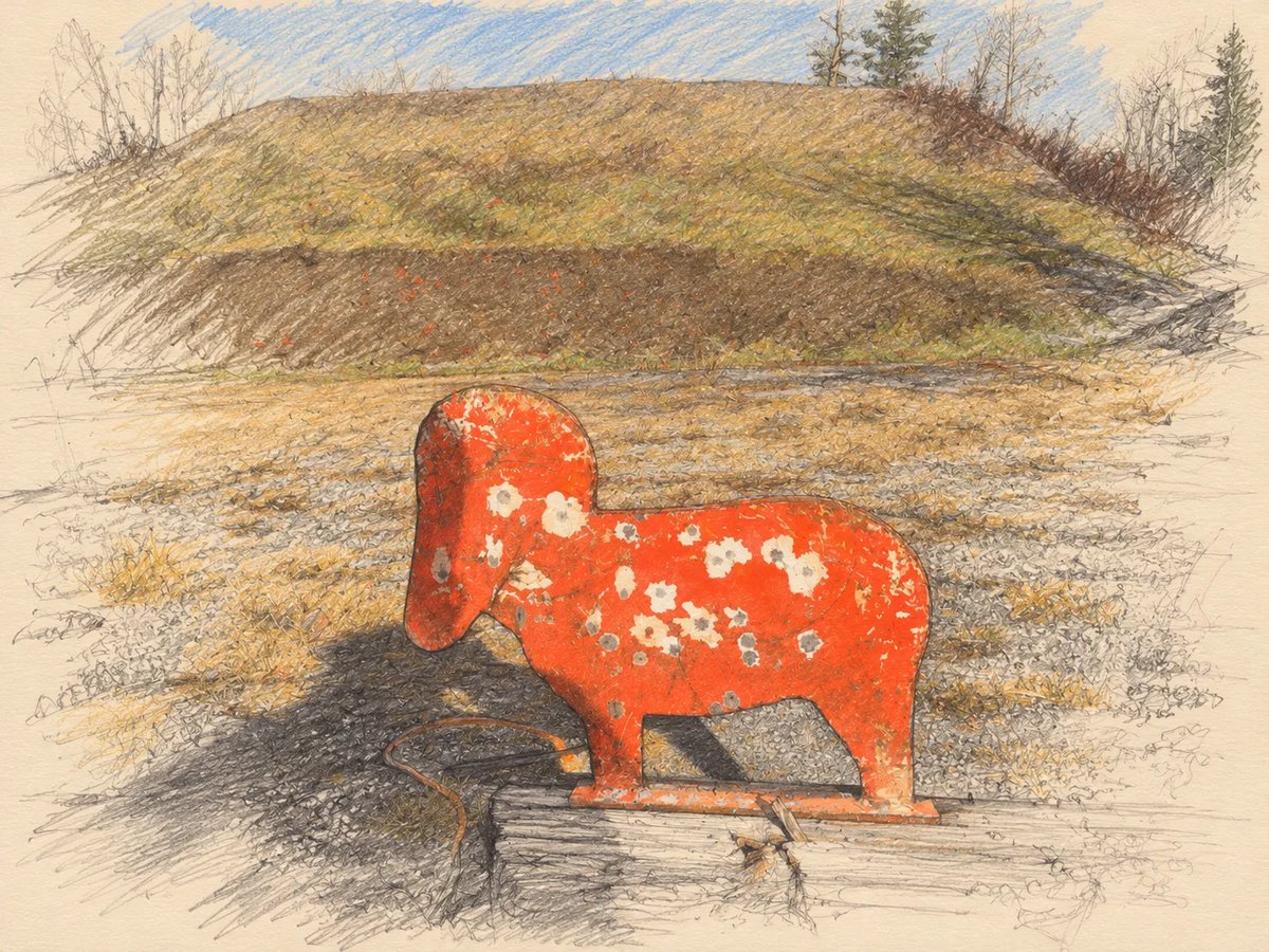 Pencil sketch of a red steel animal silhouette target on the range