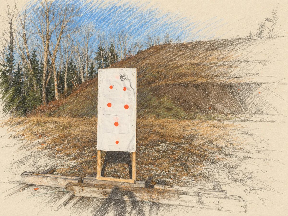 Pencil sketch of a paper target on a wooden frame in front of the backstop